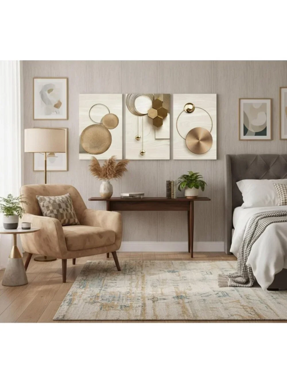3 Pcs Abstract Gold Geometric Canvas Wall Art - Boho Mid Century Modern Decor